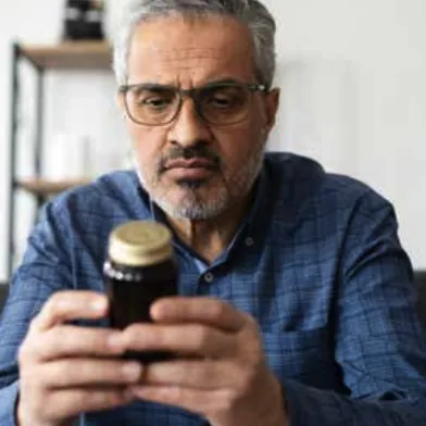 man reading bottle